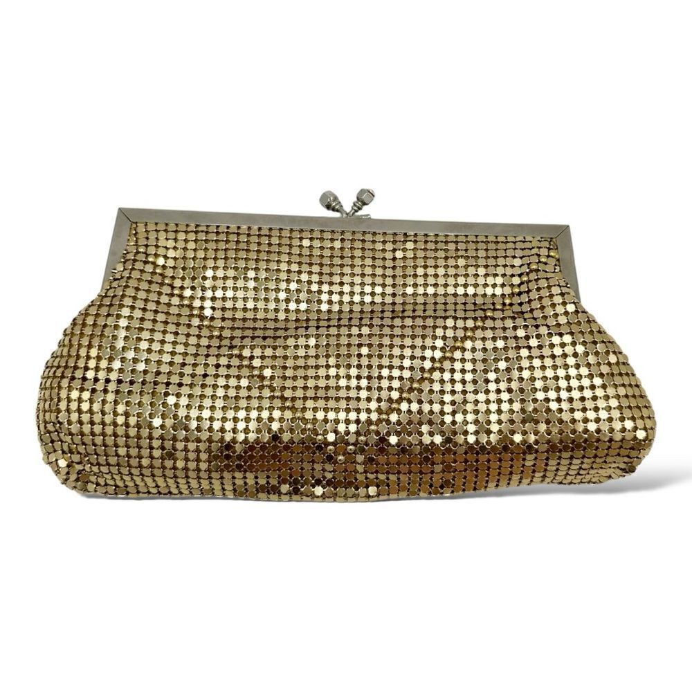 Vintage‎ Vibe Gold Mesh Evening Bag Crystal Kiss Lock Closure Formal Prom